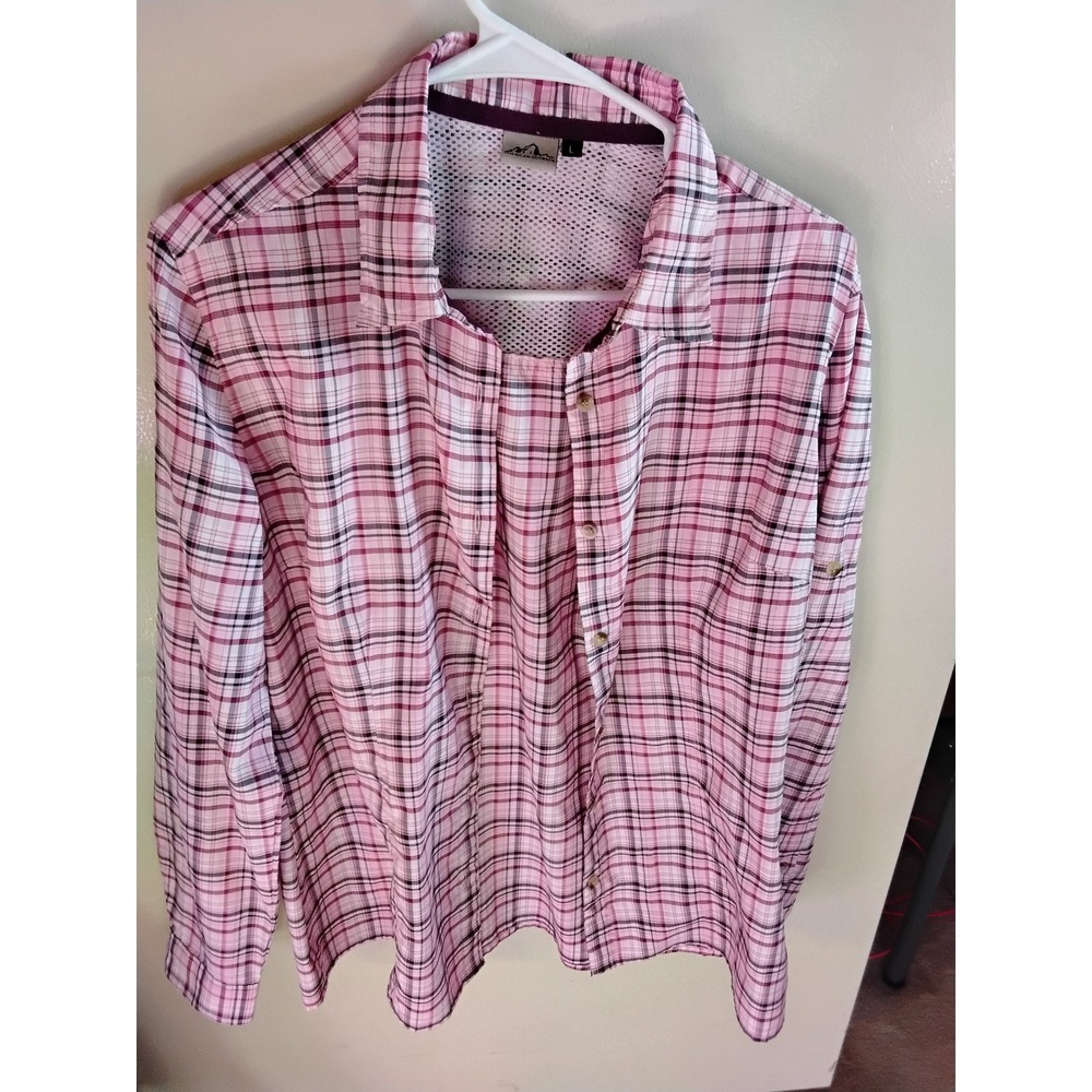 American Outback Womens Large Pink Plaid Button Up Hiking Shirt Mesh Back L